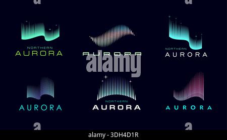 Northern aurora borealis sky wave light icons. Vector abstract northern light and aurora borealis isolated symbols set with gradient green purple line waves and glowing North Polar stars Stock Vector