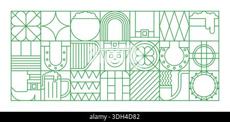 St Patrick day abstract geometric pattern with shamrock clover and leprechaun, vector background. Saint Patrick Irish holiday pattern of geometric shape horseshoe and green ale beer mug with coins pot Stock Vector