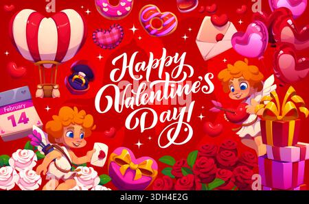 Happy Valentine day greeting card with love holiday hearts and cupids, cartoon vector. Valentine day greeting with cupid cherubs or angels with love message envelopes, heart balloons and wedding gifts Stock Vector