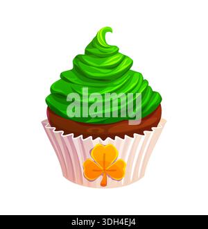 St Patrick day sweet cupcake, festive cake, holiday dessert with bright green frosting and gold shamrock symbol on the wrapper. Cartoon vector muffin confectionery, lucky treat, pastry for celebrating Stock Vector