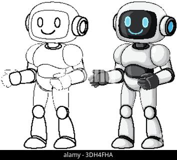 Smiling humanoid robot illustration, side-by-side line art and colored, clean vector cartoon style Stock Vector