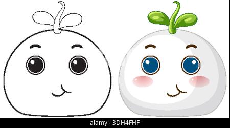 Two versions of a round character with a green sprout, including outline and colored illustrations Stock Vector
