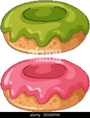 Flat vector illustration of two glazed donuts with green and pink frosting on white background Stock Vector