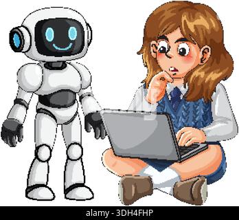 Cartoon schoolgirl studies on laptop while friendly humanoid robot assists, bright flat vector illustration Stock Vector