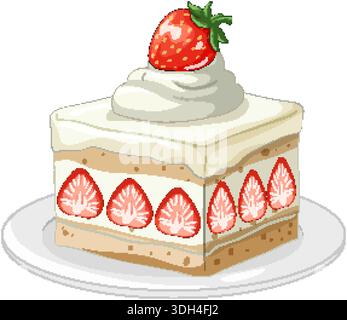 Vector illustration of a layered strawberry shortcake slice on a white plate with cream Stock Vector