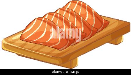 Vector illustration of raw salmon fillets arranged on a wooden platter with white background Stock Vector