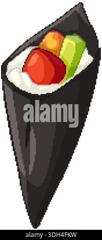 Cartoon style vector illustration of a temaki sushi hand roll with tuna and avocado Stock Vector