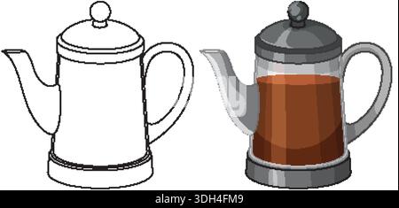 Two versions of a coffee pot, one line art and one colored, on white background Stock Vector