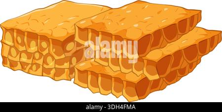 Clean vector illustration of stacked golden honeycomb pieces with visible hexagonal cells and highlights Stock Vector
