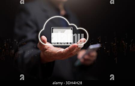 Cloud storage and digital file technology concept showing paperless office, file management, document workflow, digital transformation increasing prod Stock Photo