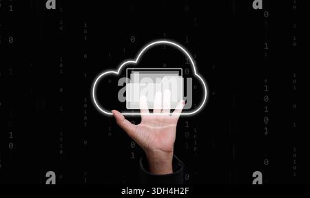 Hand reaching cloud with folder icon represents paperless office, digital files, document workflow, and cloud storage technology to improve productivi Stock Photo