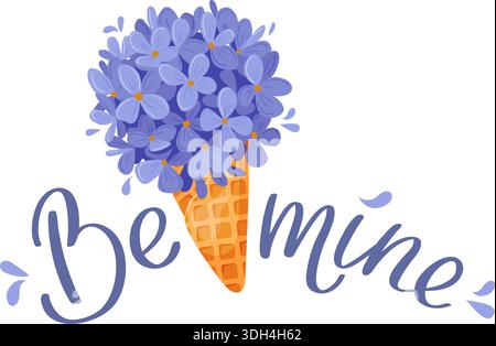blue floral bouquet in waffle cone and text Be Mine, playful stylized illustration of violet blossoms arranged like ice cream, Stock Vector