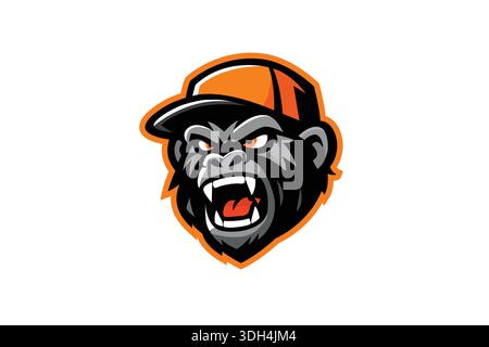Angry Gorilla Mascot Logo Vector Illustration. Aggressive Ape Head Wearing Orange Cap for Esports Gaming Team. Wild Animal Beast Face Character Design Stock Vector