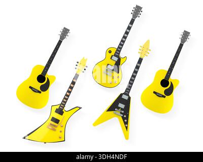 Set of electric and acoustic guitars with unique body shapes isolated on white background, concept of music variety. Stock Photo