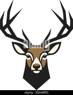 Stylized deer head portrait with tall branching antlers in a bold flat graphic design Stock Vector