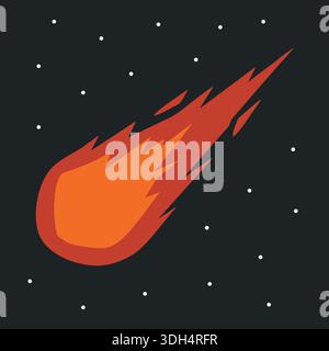 Cartoon meteor with an orange fireball and flame trail flying through a starry dark sky Stock Vector
