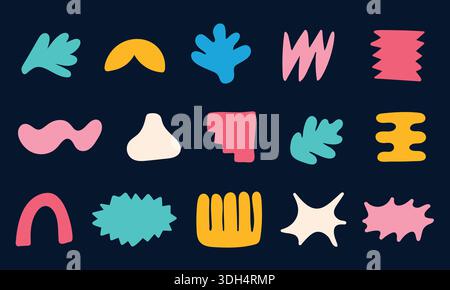 Set of colorful hand painted various shapes, forms and doodle objects. Abstract modern brutalist trendy vector Stock Vector