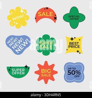 Retro funky style shopping stickers set. Sale tag colorful geometric shapes Stock Vector