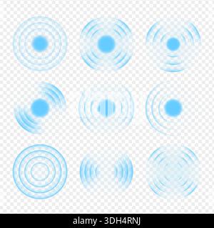 Blue sound wave collection. Sonar or radar signal set. Stock Vector