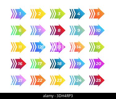 Colorful arrow number bullet points from 1 to 25 Stock Vector