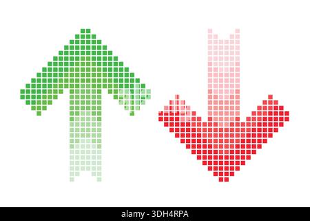 Pixel arrow set. Two halftone arrows increase and decrease template. Red and green color. Stock Vector