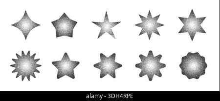 Grainy gradient star set. Stipple dots halftone starburst shape Stock Vector