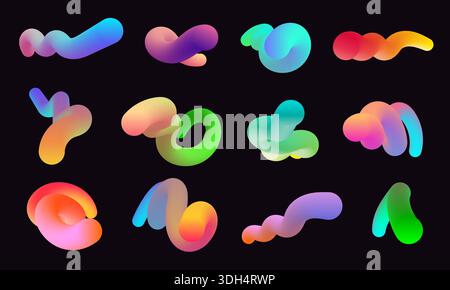 Modern 3d shapes collection isolated on black background. Fluid gradient blend vector Stock Vector