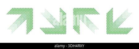 Pixel arrow set. Green halftone arrows turned in four different directions Stock Vector
