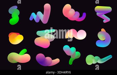 Modern 3d shapes collection isolated on black background. Fluid gradient blend vector Stock Vector