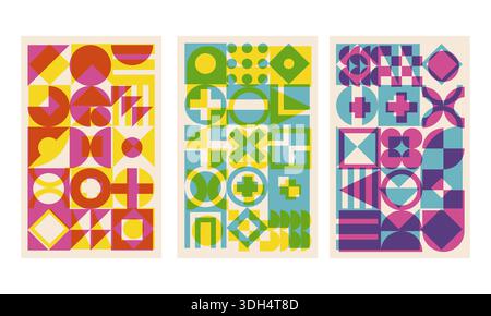 Geometric cover set with riso print effect. Bauhaus shapes pattern risograph style Stock Vector