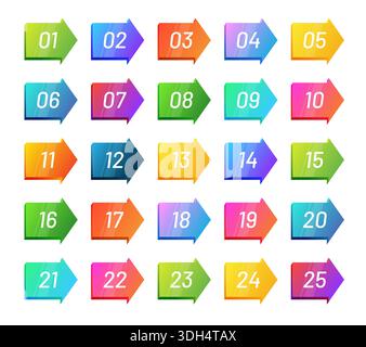 3d arrow number bullet points from 1 to 25. Stock Vector