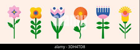 Geometric flower set. Modern trendy spring and summer nature elements Stock Vector