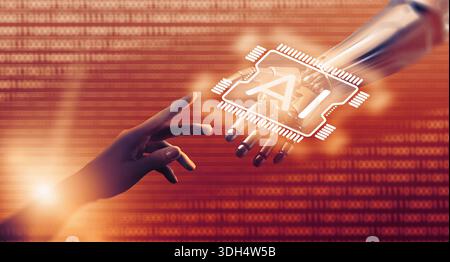Connection between human and robot hand shows the future of technology and artificial intelligence Stock Photo