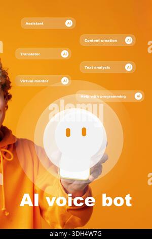 AI voice bot offers help with various tasks in vibrant orange background Stock Photo