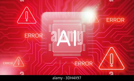 AI chip with error signs and circuit design displayed in red color background Stock Photo