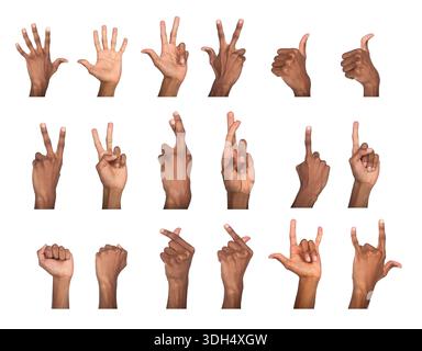 Hand sign collection with peace, thumbs up, heart, and fist poses. Black skin male making diverse expressive motions for victory, rock, and communicat Stock Photo