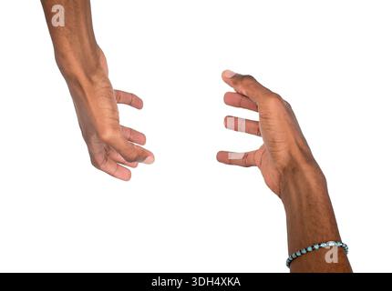Hands held together in grasping pose with open palms and fingers curved. Black skin male making gesture as if catching or holding invisible product in Stock Photo