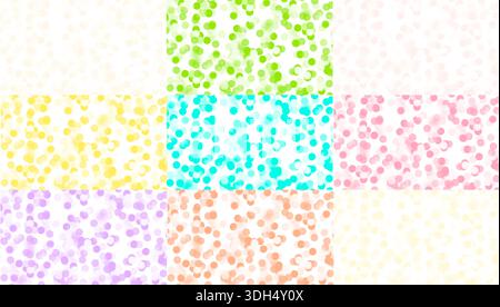 Colorful bokeh light collage with glowing bulbs in yellow, blue, pink, and green. Festive decorative overlay with sparkling circles and soft illuminat Stock Photo