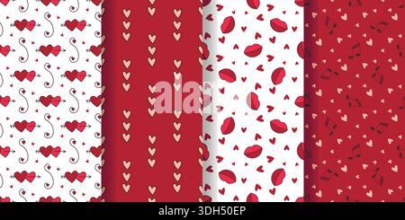 Set of romantic seamless patterns, vector graphics. Backgrounds with hearts, notes and kisses. Prints for tiles, covers, textiles, packaging, paper Stock Vector