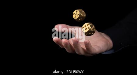 hand throwing two golden dice in the air on black background. Game with dice Gambling luck concept: bet, risk, have luck, win. lucky Stock Photo
