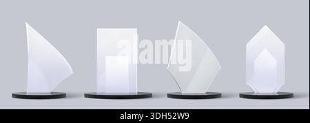 Glass trophy set with elegant crystal plates. Transparent award collection with unique glass shapes on dark pedestals designs for business or sport recognition ceremonies. Stock Vector