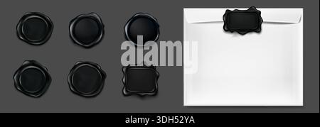 Black wax stamps set and white envelope isolated on background. Vector realistic illustration of vintage round square mail seals, old letter mockup, secret message, royal document, retro invitation Stock Vector