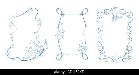 Sea doodle frame border set with hand drawn summer vector elements. Marine invitation boxes with ocean waves and turtles, squid and bubbles, seaweed with corals in blue line art for kids birthday card Stock Vector
