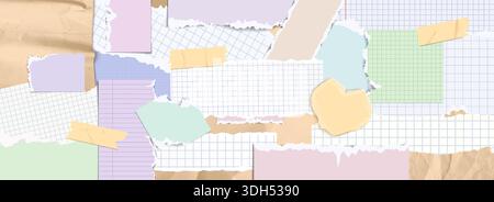 Funky paper collage background with torn notebook sheets and ripped edges. Pastel colored paper scraps, grid textures and tape pieces arranged in vintage scrapbook style for y2k banners design. Stock Vector