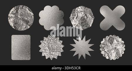 Silver foil stickers with metallic texture on dark background - chrome badge set in various shapes. Crumpled tag and label set of circles and flowers, stars and geometric forms with realistic shine Stock Vector