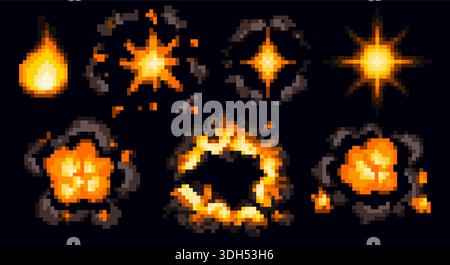 Pixel art explosion and fire effects with vibrant orange flames. Retro pixelated game graphics of animated burst elements and glowing smoke particles on dark backdrop for arcade video design. Stock Vector