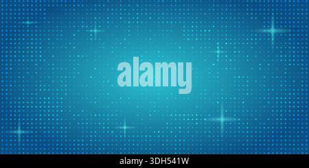 Blue pixel bg with glowing tech pattern and scattered squares. Digital bitmap texture with futuristic grid and halftone. Abstract mosaic background with shimmering light spots for technology design Stock Vector