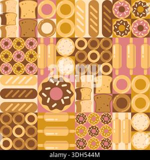 Geometric pattern for bakery design. Vector illustration of seamless tiles with doodle bread, baguette, bagel, cookie, donut and rolling pin, fresh baked food, hand drawn pastry menu mosaic Stock Vector