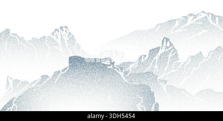Grain mountain background with blue dot texture on white. Vector illustration of mountain ridge landscape with high summits and snow peaks, color spray effect, halftone gradient design, point art Stock Vector