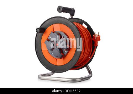 Heavy duty extension cord industrial reel retractable cable with multi-plug extensions retractor for garden or frame for use in a garage workshop isol Stock Photo